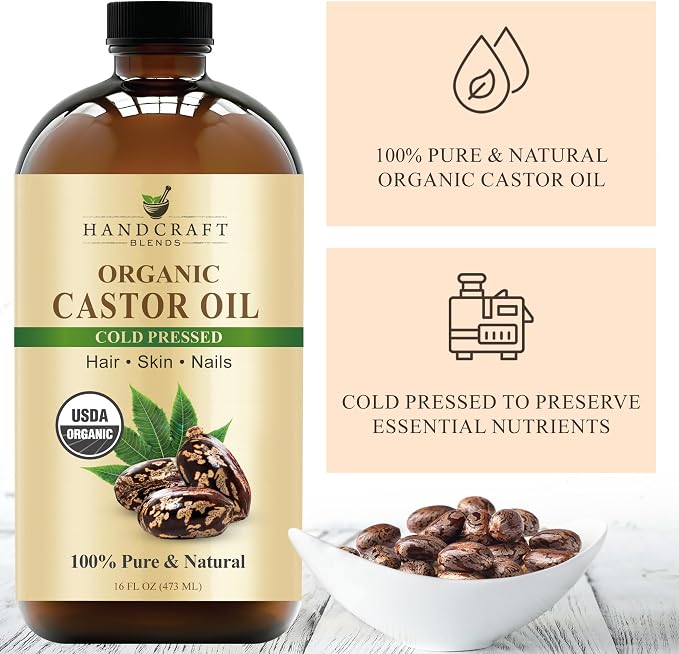 Handcraft Blends Cold-Pressed Organic Castor Oil 16 Fl Oz | Glass Bottle | Roll on Bottle | Reusable Wraps | Durable Comfortable Pack Wraps | Adjustable Elastic Straps | Neck and Stomach