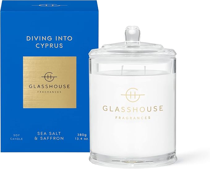 Glasshouse Fragrances Diving Into Cyprus Candle, Triple Scented Natural Soy Wax Blend, 2 Wicks & Glass Jar, 65 Hour Burn Time, Sea Salt & Saffron, 13.4 Oz (380g)