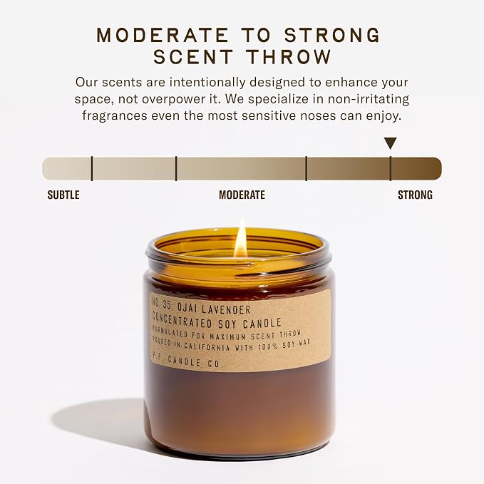 P.F. Candle Co. Ojai Lavender Classic Large Concentrated Scented Soy Wax Candle (12.5 oz) 60-70 Hour Burn Time, Amber Glass Jar, Made in the U.S.A.