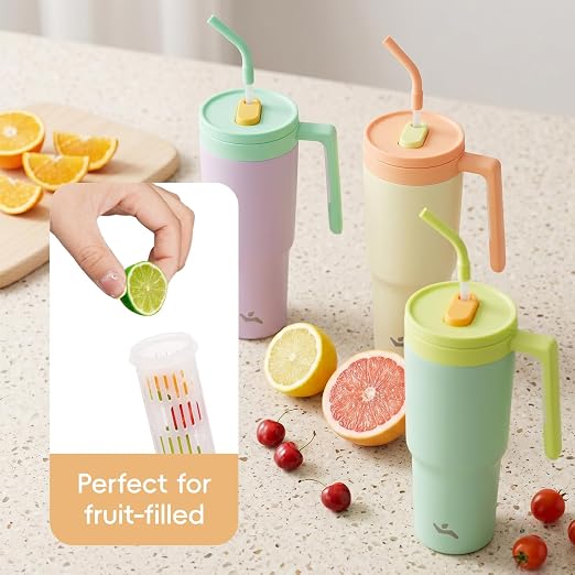 Konokyo 12 Pack 40 Oz Tumblers with Handle and Straw, Bulk Vacuum Insulated Stainless Steel Travel Mugs with Lids for Office, Events and Group Orders Lemon