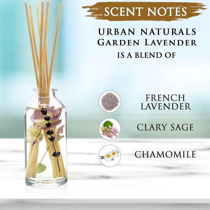 Urban Naturals Garden Lavender Reed Diffuser Oil Set with Reed Sticks – Calming, Herbal Fragrance - Made in The USA