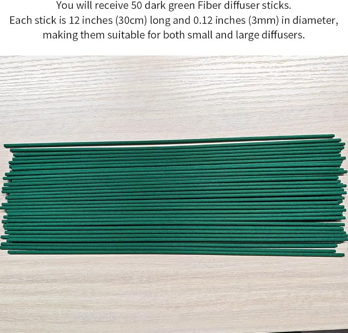 50PCS Dark Green Fiber Reed Diffuser Sticks 12 Inch Long 3mm Diameter Strong Absorption Refill Replacement Reeds for Diffuser Stick Essential Oil Scented Aroma Fragrance Rod for Home Office