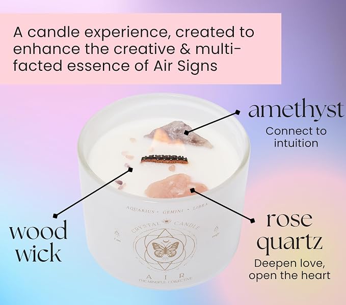 Aquarius, Gemini, Libra Gifts for Women - 12oz Wood Wick Candles that Crackle with Crystals and Healing Stones. Healing Crystal Candles for Women Home Scented. Soy Wax, for Zodiac Birthdate