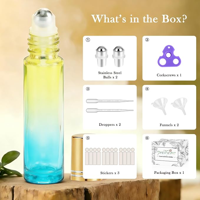 PrettyCare 12 Pack, 10 ml Essential Oil Roller Bottles with Stainless Steel Roller Ball - Refillable Leak-proof Empty Thick Blue& Yellow Glass Roll on Bottles with Golden Caps for Travel, Perfume
