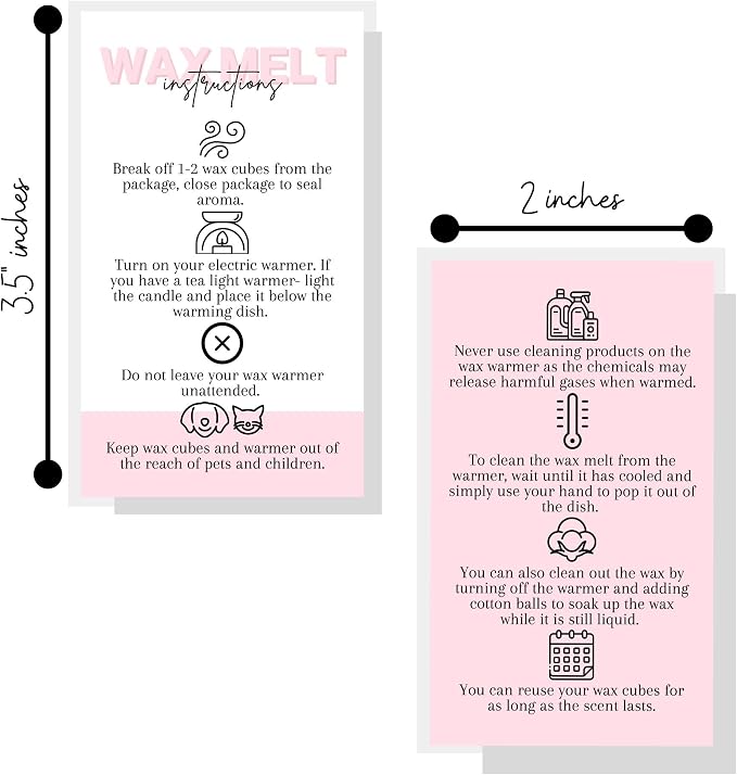 Wax Melt Care Instruction Cards | 50 Pack | 2x3.5” Business Card Wax Melt Supplies Homemade Customer thank you for Warmer Minimalist White and Pink How To Care for wax cube clamshell wickless candle