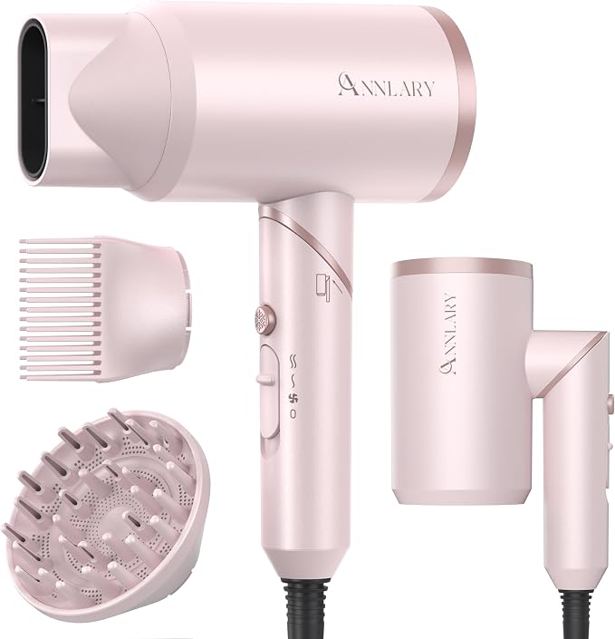 ANNLARY Hair Dryer with Comb | 1800W Blow Dryer with Diffuser for Curly Hair | Plasma Ionic Hairdryer for Frizz Control | Foldable & Protable Design for Travel | 6.5 ft ALCI Cord for Women and Men