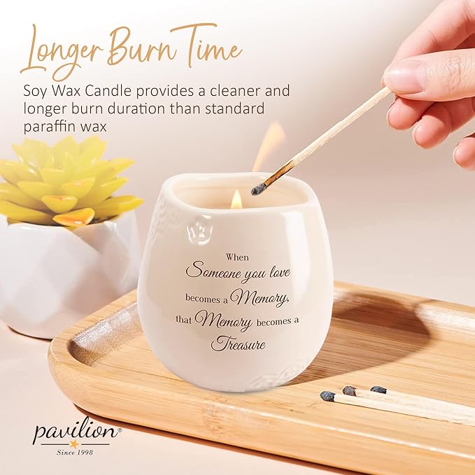 Pavilion - 8 Oz Candle Holder - Cream Beige Ceramic Candle Vessel with 100% Soy Wax, Tranquility Scent When Someone You Love Becomes A Memory Remembrance Gift - Printed Text, Love Theme, Round Shape