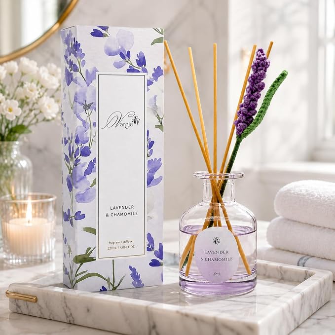 Vangie Lavender & Chamomile Reed Diffuser Set – Decorative Glass Bottle with Handmade Flower Diffuser, Long-Lasting Home Fragrance, Vegan & Cruelty-Free