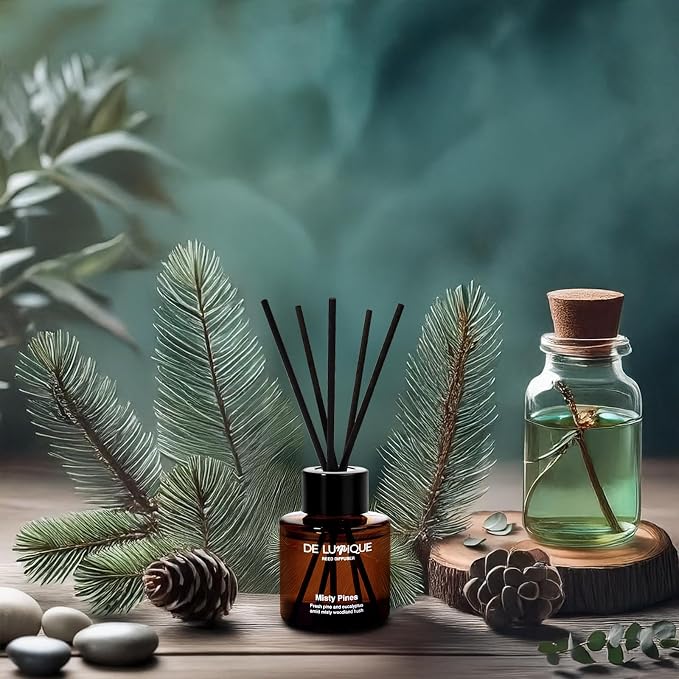Misty Pines Scent Reed Diffuser – Luxury Reed Diffuser with Pine, Eucalyptus & Amber – Long-Lasting, Natural Aromatherapy Scent for Home, Office, or Bedroom – 50ml