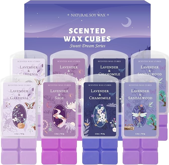 SCENTORINI Wax Melts, Wax Cubes Strong Scent, Summer Scents, Lavender Scented Wax for Sleep, Wax Melts for Warmer, 2*Lavender & Gardenia, Sage, Chamomile, Sandalwood, 2.5 oz 8-Pack