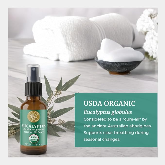Silk Road Organic Eucalyptus Essential Oil Spray, 100% Pure USDA Certified Aromatherapy - Congestion, Colds, Cough, Sinus, Allergies & Skin Care – 1 Oz Spray
