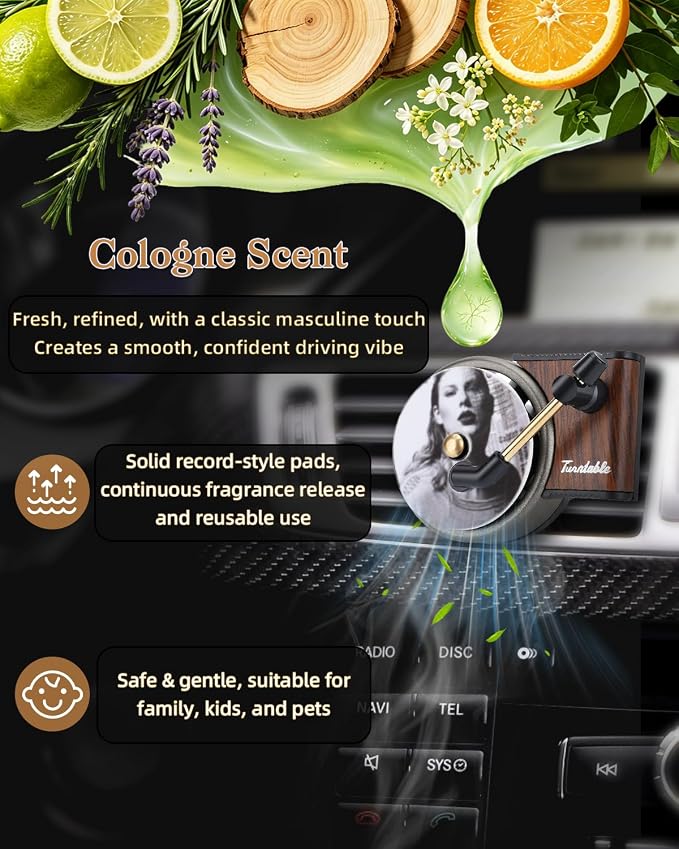 Record Player Car Air Freshener Vent Clip, 12PCS Vintage Album Style Refill Pads, Taylor Air Freshener Car Decor Accessories, Cologne Scent Air Fresheners for Car, Music Lovers Gifts