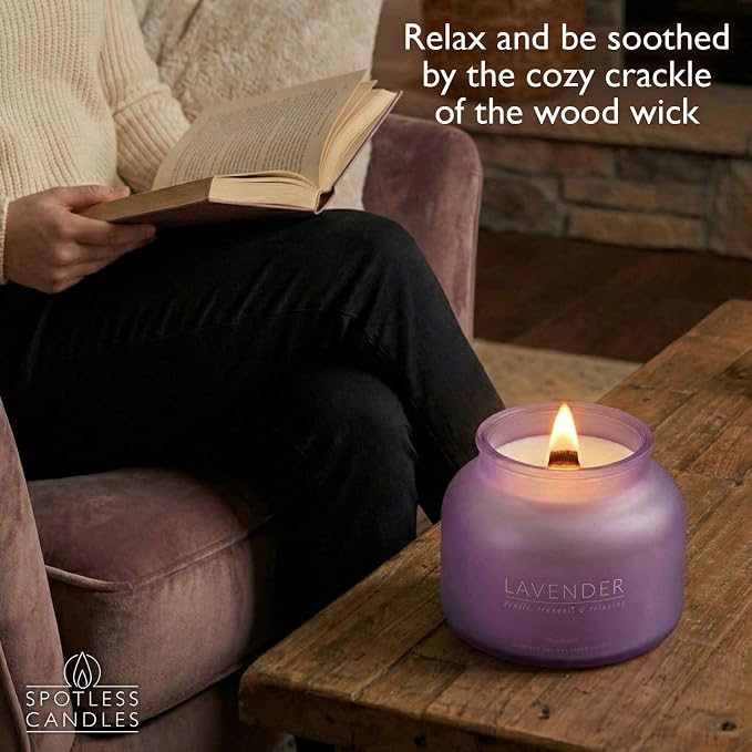 Lavender Candle 19oz Volcano Jar with Wooden Wick Upto 75 Hours Burn Time in a Large 4" x 5" Solid Purple Glass Jar in a Luxury Gold Foil Gift Box