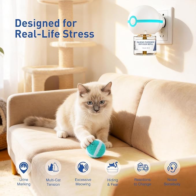 SHIORI TrinityCalm Cat Calming Diffuser Kit, Advanced 3-in-1 Pheromone & L-Theanine System for Multi-Cat Stress, Spraying, Fighting & Hiding, 60-Day Starter Kit