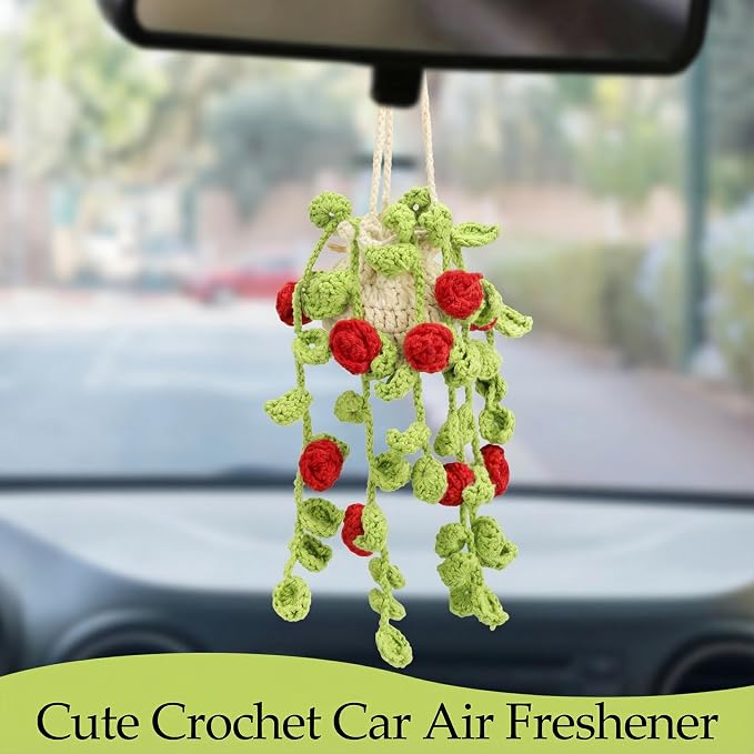 Cute Air Freshener for Car, Crochet Car Accessories Air Freshener, Cute Rear View Mirror Accessories, Handmade Crochet Plant for Cars, Red Rose
