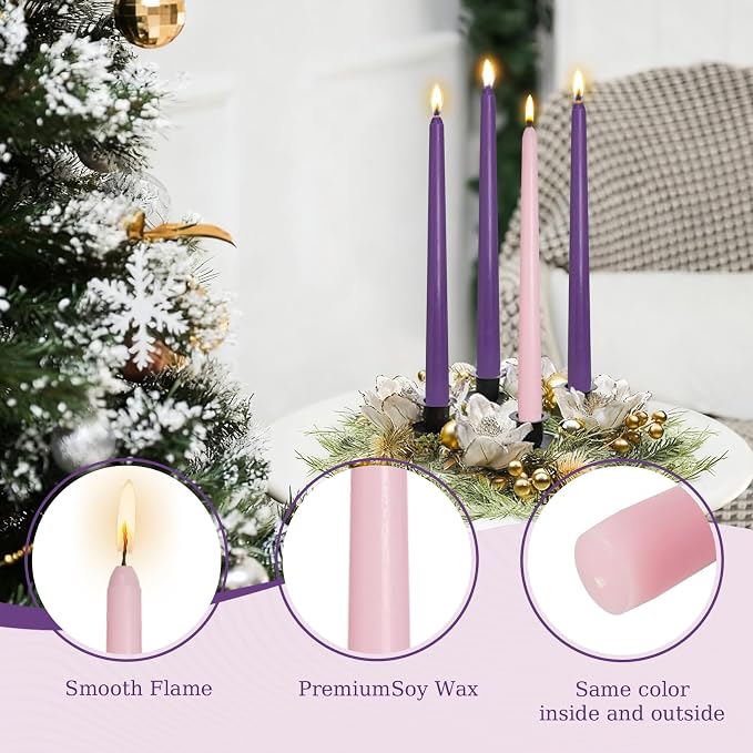 4 Pack MANNYCOM Advent Candles - 10 inch Unscented Smokeless Elegant Long Candle Sticks - 3 Purple 1 Pink Nativity Scene Candlesticks
