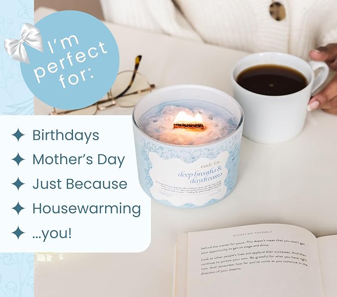 Blue Crystal Candle for Women – 12oz Large Luxury Soy Wax with Crackling Wood Wick, Slow Burn Meditation with Healing Crystals, Birthday or Mother’s Day Gift