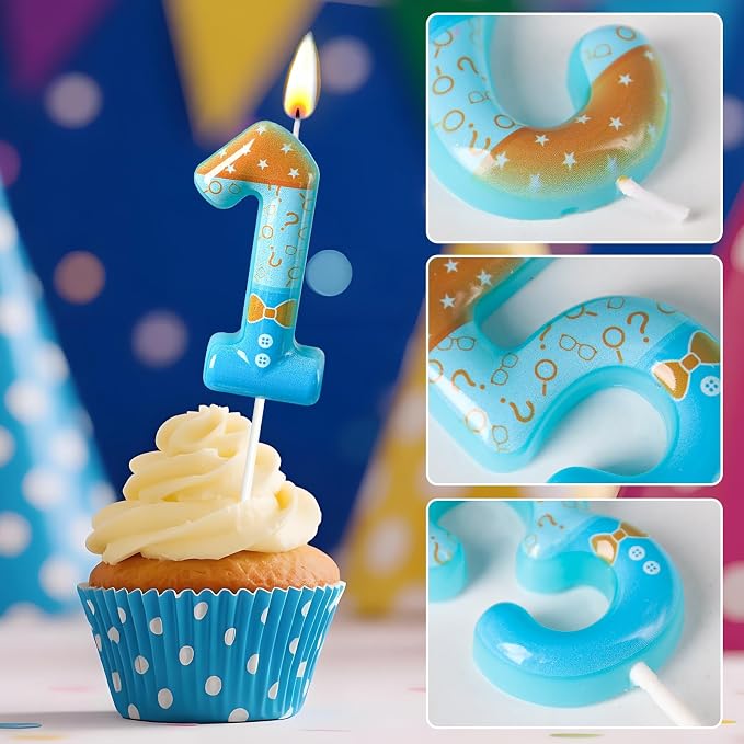 Number 1 Birthday Candle for Cake – Blue Cartoon Outfit Style with Bow Tie, Question Mark & Star Pattern – Fun Cake Topper Decoration for Celebration