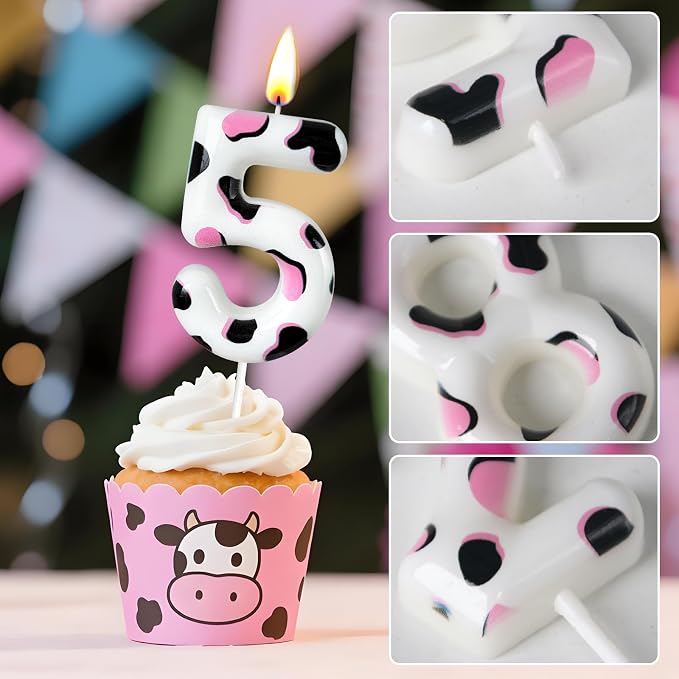 Number 5 Birthday Candle for Cake – Cow Print Design in White Black Pink – Farm Theme & Cowgirl Party Cake Topper Decoration