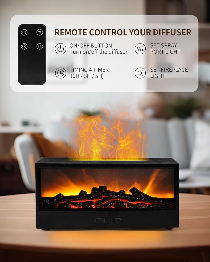 Essential Oil Diffuser, 7-Color Fireplace Flame Aromatherapy Humidifier, 150ml Ultrasonic Humidifier with Remote Control, Timer & Auto-Off, Gift for Bedroom Home Office and Yoga