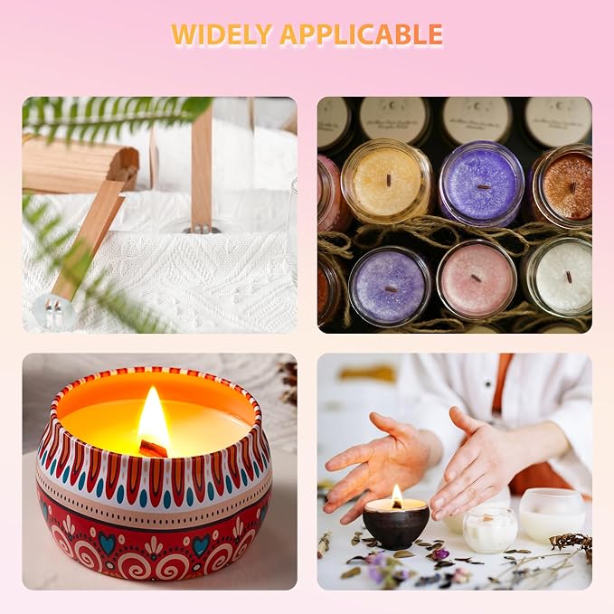 100 Pcs Cherry Wood Candle Wicks - Long-Lasting Flame, Stand & Glue Dot, DIY Candle Making Kit (Warning Label Included)