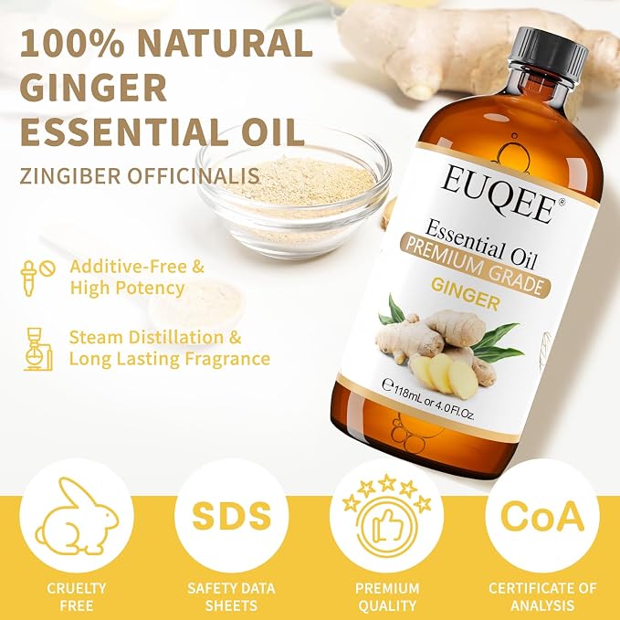 EUQEE Ginger Essential Oil 118mL Pure Ginger Oil, Large Bottle Premium Essential Oil with Glass Dropper for Diffuser, Candle Making, DIY Soap - 4fl. oz