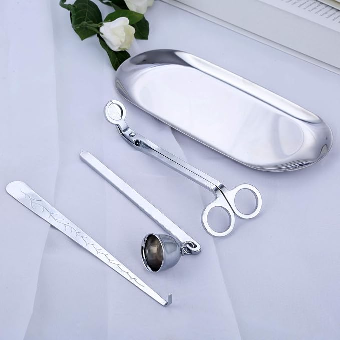 MUXSAM 4 in 1 Candle Accessory Set, Candle Wick Trimmer, Candle Snuffer, Wick Trimmer, Candle Wick Dipper, Storage Tray Plate, Candle Care Tools Gifts for Candle Lovers(Silver)