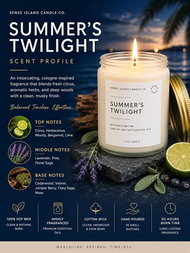 Summer's Night Scented Candles for Men&Women | 100% Natural Soy Candle 7oz, up to 50 Hrs Burn Time Highly Scented Premium Scented Candle