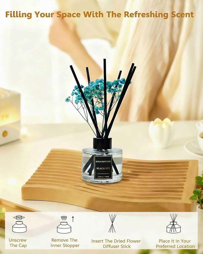 Reed Diffuser Set-Black Ice Scent Fragrance Oil Diffuser with 6 Reed Sticks | Home & Bedroom Bathroom Decor,3.38 fl oz (100ml)