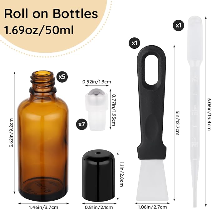 Segbeauty 1.69oz Glass Roller Bottles for Essential Oils, 5 Pack of 50ml Amber Empty Rollerball Bottles for Oil, Anointing Oil Bottle for Travel Storage, Perfume Refill Bottle Travel Size Containers