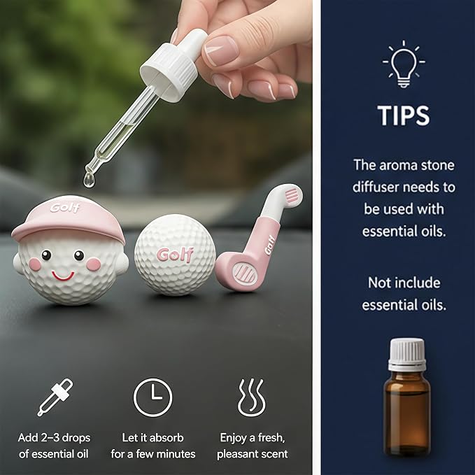Golf Car Air Freshener Vent Clip Set (3 Pack), Plaster Diffuser, Cute Car Accessories (Essential Oil Not Included)
