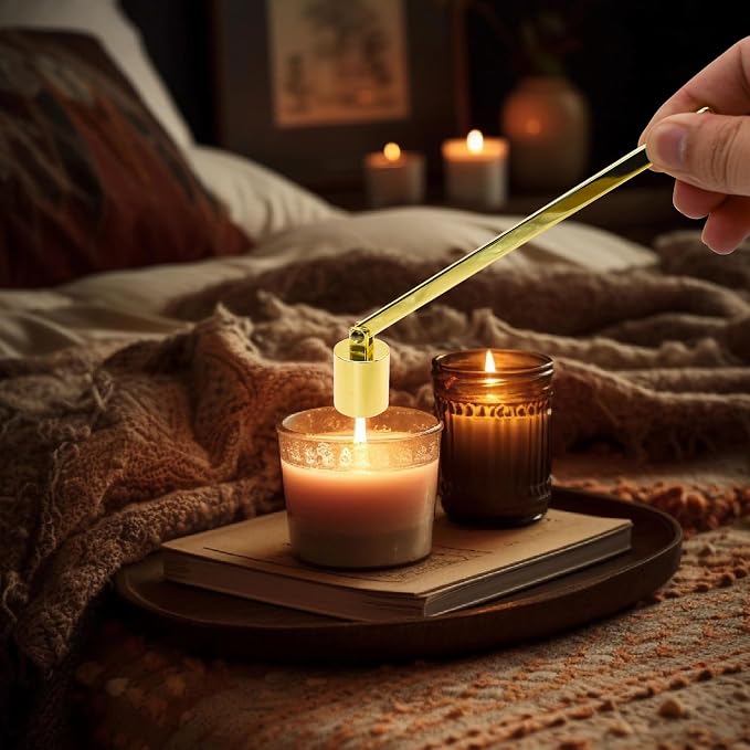 4 in 1 Candle Accessory Set, Candle Snuffer, Candle Wick Cutter, Candle Dipper, Storage Tray Plate, Candle Care Kit with Velvet Pouch for Candle Lover (Gold)