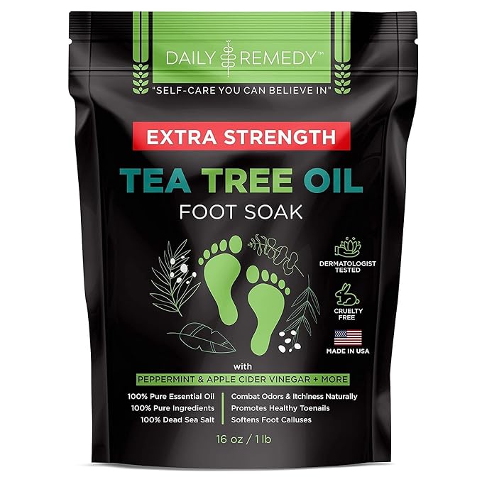 EXTRA STRENGTH Tea Tree Oil Foot Soak with Epsom Salt - Made in USA - for Toenails, Athlete's Foot, Itchy Feet, Stubborn Smelly Odor, Pedicure, Calluses -16 oz