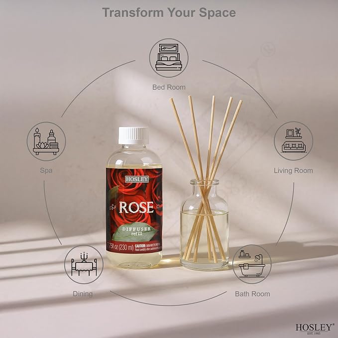 Hosley Premium Oil Diffuser Refill Rose Fragrance's -7.75 OZ Long Lasting for Home Fragrance for Bathroom, Bedroom, Office, Meditation, Wedding Gift.