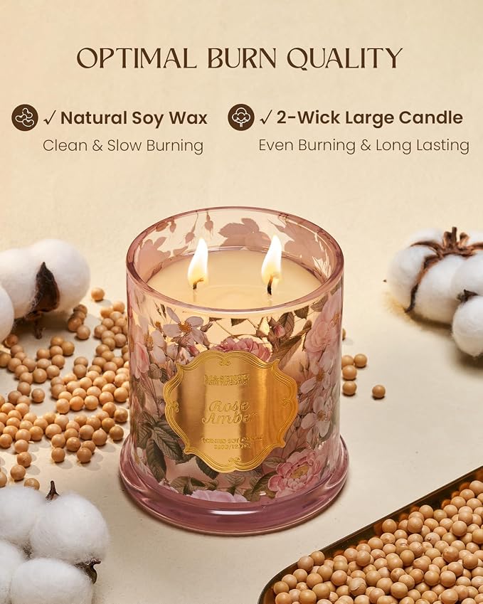M&SENSE Rose Amber Candle 12.7oz Romantic Gift 2 Wick | Organic Soy, Non-Toxic, Relax Scent, Ideal Gifts for Women, 75 Hours Long Lasting