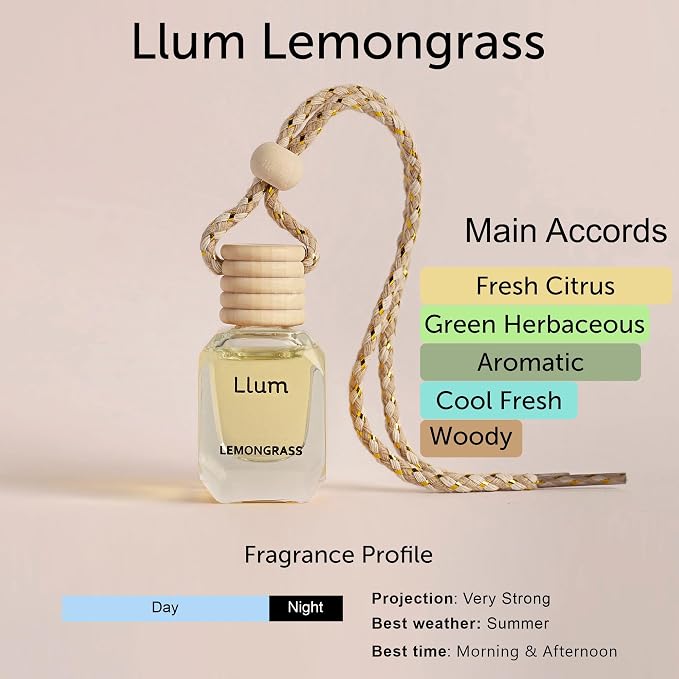 Llum Lemongrass Hanging Car Air Freshener – Luxury Automotive Perfume Diffuser 10ml (0.34 fl oz), Long-Lasting Fragrance, Alcohol-Free Non-Toxic Scent, Glass Bottle With Wood Cap & AC Vent Clip