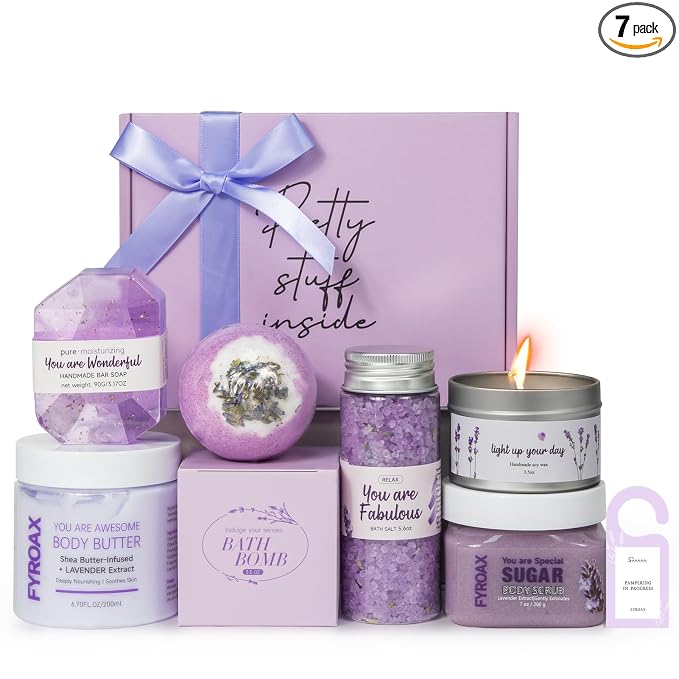 Spa Gifts for Women 7 Pcs Home Spa Kit Lavender Bath Set,Spa Gift Baskets Self Care Gifts Spa Gifts for Women Birthday,Mothers Day Basket Easter Christmas Bath Set