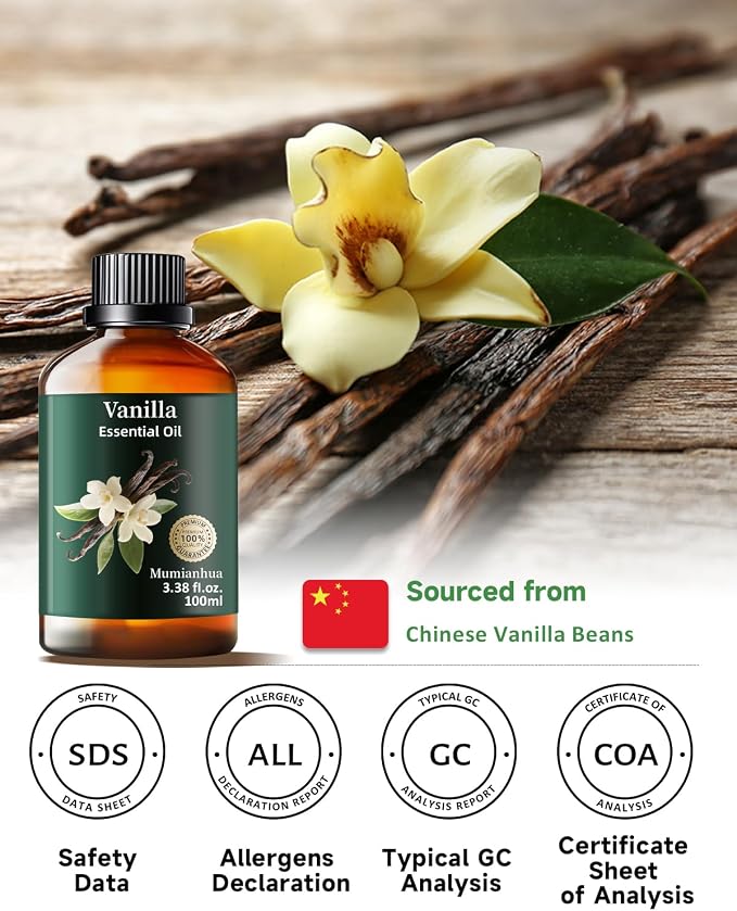 Vanilla Essential Oil, Pure Mumianhua Natural Vanilla Bean Oil for Diffuser, Warm Cozy Aroma, Skin Care, Perfume, Candle & Soap Making, DIY – 3.38 Fl Oz