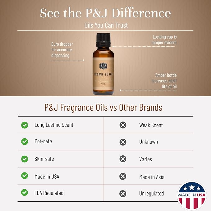 P&J Fragrance Oil | Brown Sugar Oil 30ml - Candle Scents for Candle Making, Freshie, Soap Making Supplies, Diffuser Oil Scents