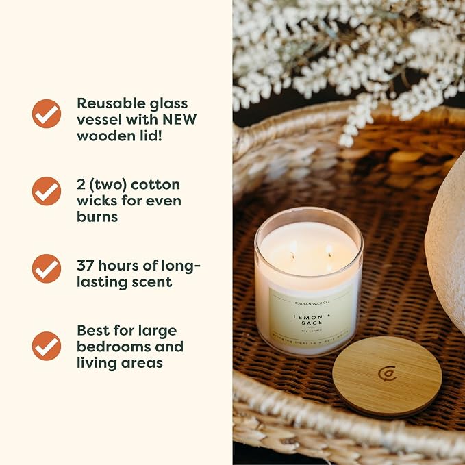 Calyan Wax Co. Lemon & Sage 2 Wick Scented Candle - 37 Hour Burn - Luxury Clean Soy Wax Candles - Long Lasting Large Glass Jar Candle for Home - 8.8oz
