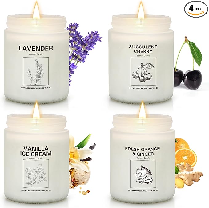 Soy Wax Scented Candle Gift Set, 4 Pack Lavender, Orange & Ginger, Vanilla Scents, Long Lasting Aromatherapy Candles for Home, Relaxing Holiday & Thanksgiving Gifts for Women, Mom & Friends