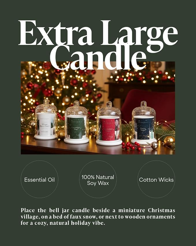 Christmas Tree Scented Candle, 10oz Natural Soy Wax in Clear Bell Jar, 60H Long-Lasting, Clean Burn, Aromatherapy Candles for Home Scented, Gifts for Women, Family, Holiday