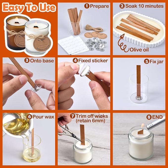 100pcs Thickened Wooden Candle Wicks Kit Include 50pcs 5.1 X 0.5 Inch Candle Making Wicks and 50pcs Metal Stand，Natural Smokeless Crackling Wood Wicks, DIY Candle Making Supplies for Beginners