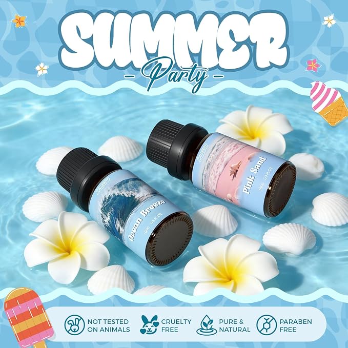 SALUBRITO Summer Fragrance Oils Set, Premium Essential Oils Set for Diffuser, Candle, Soap Making, Fresh Cotton, Coconut, Mojito, Pineapple, Ocean Breeze, Pink Island, Strong Scented Oils