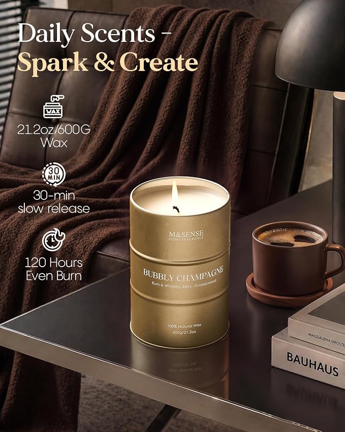 M&SENSE Bubbly Champagne Large Candles for Home Scented, Candles Gifts for Women & Men, Natural Soy Candles, House Warming Gifts New Home, 120 Hours Long Burning, 21.2 oz