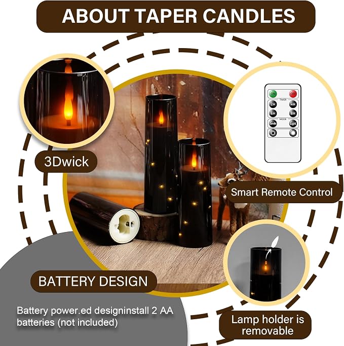 kakoya Flameless LED Candles with Timer 5 Pc Flickering Flameless Candles for Romantic Ambiance and Home Decoration Stable Acrylic Shell,with Embedded Star String,Battery Operated Candles（Black）