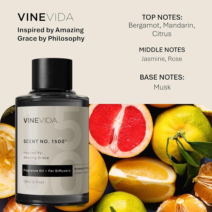 VINEVIDA [4 Fl Oz] Scent NO. 1500 Fragrance Oil for Cold Air Diffusers, Aromatic Notes of Citrus Musk Rose, Essential Oils for Diffuser Oil Refill & Air Freshener Room Spray