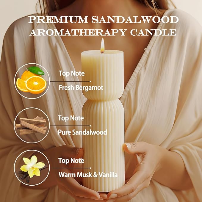 Aesthetic Sandalwood Scented Candles,Ribbed Pillar Candle Set of 2 (7.87" & 9.05" Tall), Natural Soy Wax Minimalist Geometric Decor, Modern Fluted Sculptural Candles for Home,Shelf, Mantel & Gift