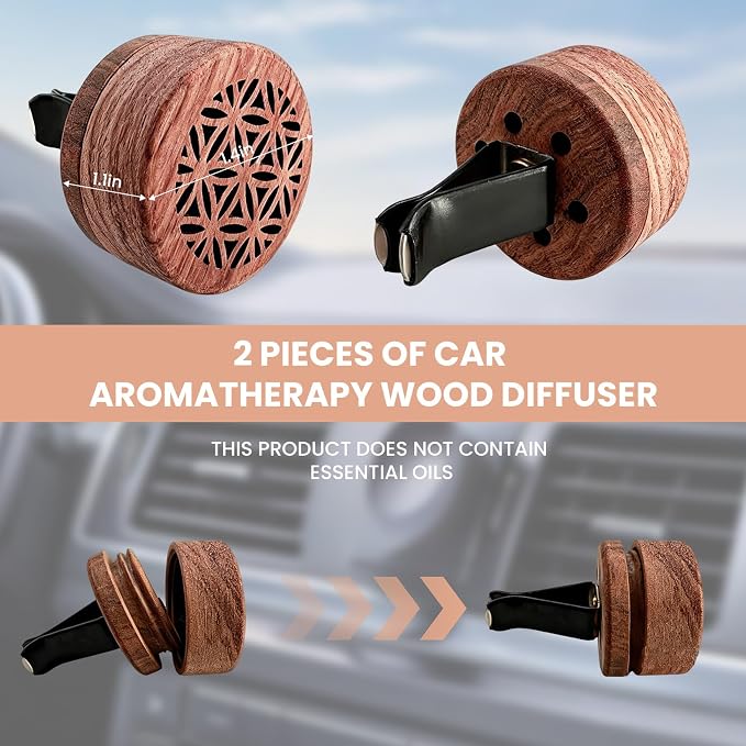 2PCS Car Essential Oil Diffuser: Natural Rosewood Vent Clip Freshener, Volcanic Stone Slow Release Aroma Diffuser for Auto Home Office Bedroom Indoor Use