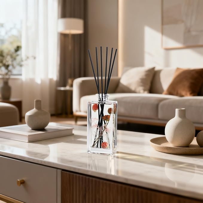 Wood & Willow Reed Diffuser Set with Dried Flowers, 5 fl. oz., Long-Lasting Home Fragrance - Wild Rose & Oud, Red Berry & Oak, Bergamot & Amber, Decorative Floral Design (Wild Rose & Oud)